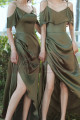 Thin Straps Long Olive Green Dress With Slit For Bridesmaids - Ref L1206 - 05