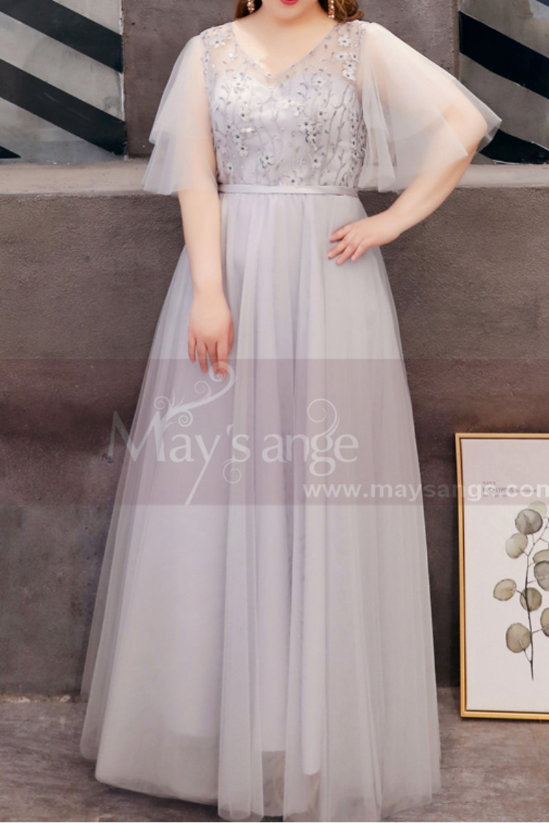 Silver Gray Tulle Plus Size Wedding Guest Dresses With Ruffle Sleeves And Embroidered Top - Ref L1209 - 01