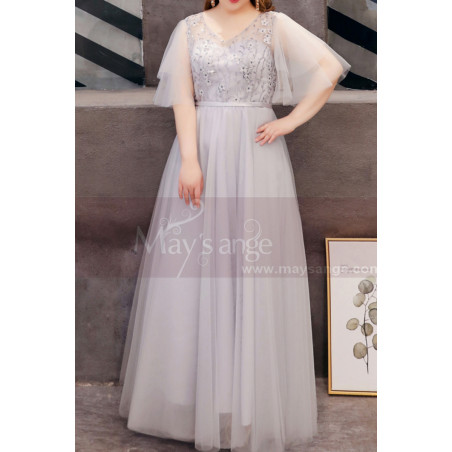 Silver Gray Tulle Plus Size Wedding Guest Dresses With Ruffle Sleeves And Embroidered Top
