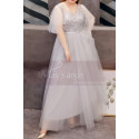 Silver Gray Tulle Plus Size Wedding Guest Dresses With Ruffle Sleeves And Embroidered Top - Ref L1209 - 04