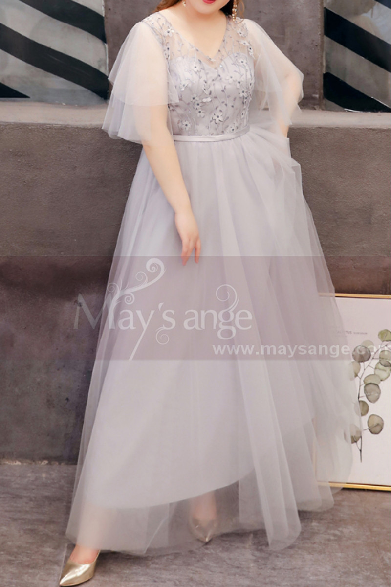 Silver Gray Tulle Plus Size Wedding Guest Dresses With Ruffle Sleeves ...