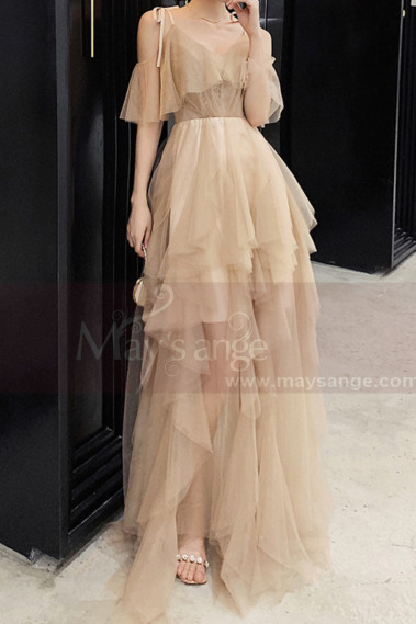 Evening Maxi Dresses In Tulle Champagne Knotted Straps - L1210 #1