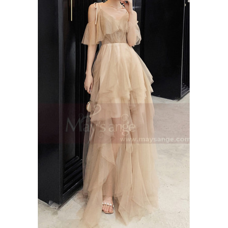 Evening Maxi Dresses In Tulle Champagne Knotted Straps