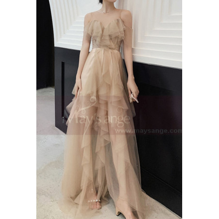 Robe Longue Beige Sans Manches A Volants