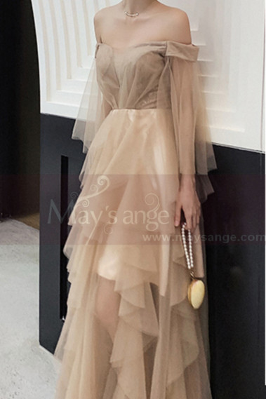 Off-The-Shoulder Long Transparency Sleeves Evening Gowns With Ruffle Long Skirt - L1212 #1