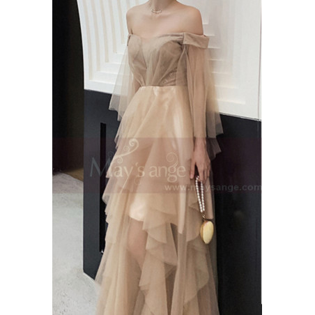 Off-The-Shoulder Long Transparency Sleeves Evening Gowns With Ruffle Long Skirt