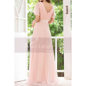 Robe Rose Clair Longue Evasée Décolleté V Drapé Et Manches Volantes - Ref L1220 - 02