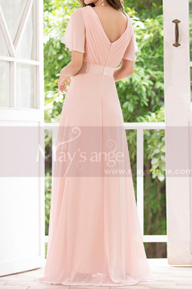 Robe Rose Clair Longue Evasée Décolleté V Drapé Et Manches Volantes - L1220 #1