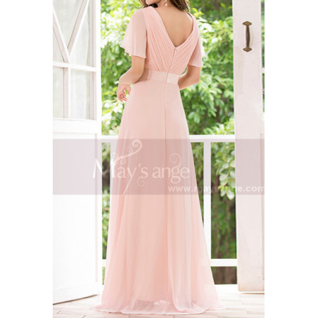 Robe Rose Clair Longue Evasée Décolleté V Drapé Et Manches Volantes