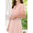 Floor Length Pink Bridesmaid Dresses With Draped V Neckline And Sleeves - Ref L1220 - 03