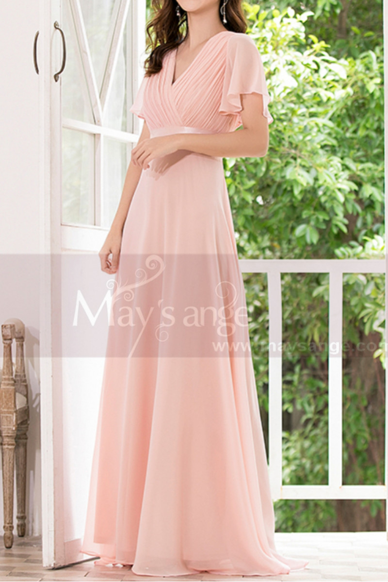 Floor Length Pink Bridesmaid Dresses With Draped V Neckline And Sleeves