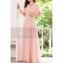 Robe Rose Clair Longue Evasée Décolleté V Drapé Et Manches Volantes - Ref L1220 - 05