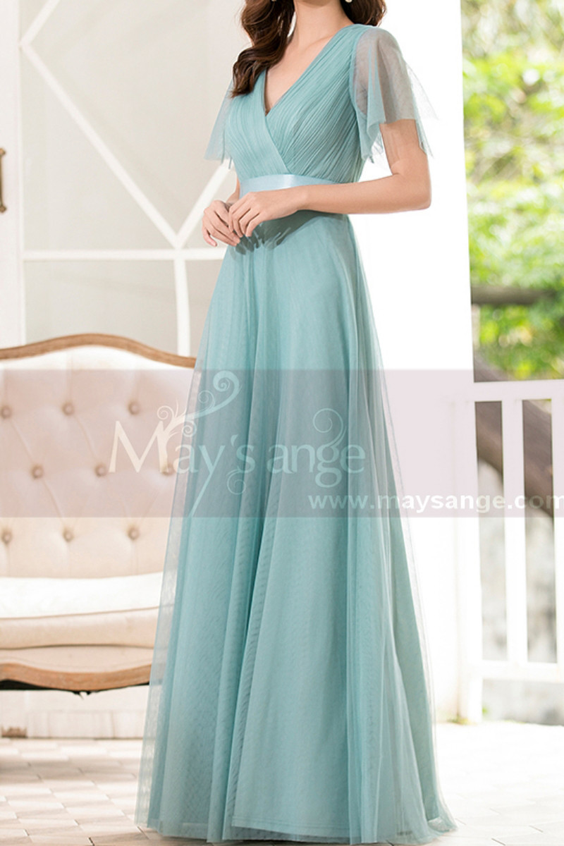 Tulle Blue Long Cocktail Dresses Evening Wear With Sleeves - Ref L1223 - 01