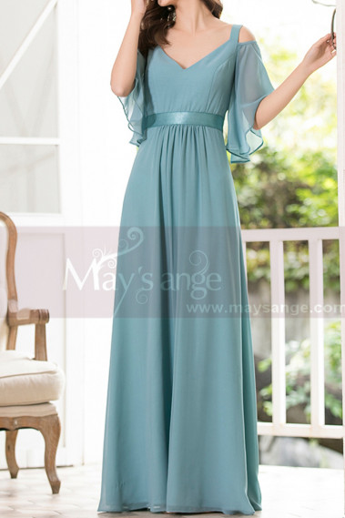 Straps Chiffon Sky Blue Maxi Dress With Straps With Sleeves - L1225 #1