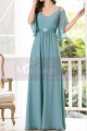 Straps Chiffon Sky Blue Maxi Dress With Straps With Sleeves - Ref L1225 - 02