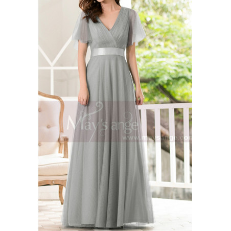 Robe Habillée Longue Grise En Tulle Haut A Drapés Fins Et Manches