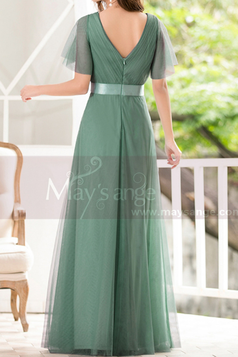 Green Gown Summer Wedding Guest Dresses In Tulle With V Neckline - Ref L1229 - 01