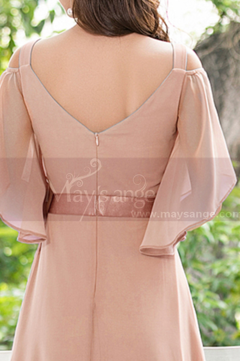 Robe Soirée Rose Longue Avec Manches Fluide En Mousseline - Ref L1232 - 01