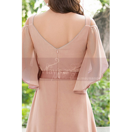 Long Chiffon Elegant Pink Dresses For Wedding Guests With Ruffle Sleeves