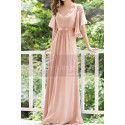 Robe Soirée Rose Longue Avec Manches Fluide En Mousseline - Ref L1232 - 02