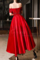 Embroidered And Sparkly Tea Length Elegant Red Dress for Bridesmaid - Ref C1944 - 06