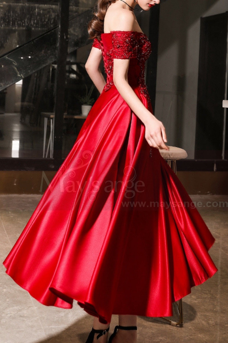 Embroidered And Sparkly Tea Length Elegant Red Dress for Bridesmaid - Ref C1944 - 01