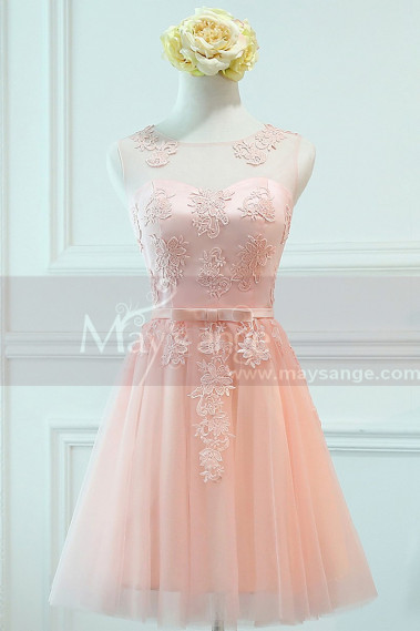 robe cocktail rose bonbon dentelle  courte - C958 #1