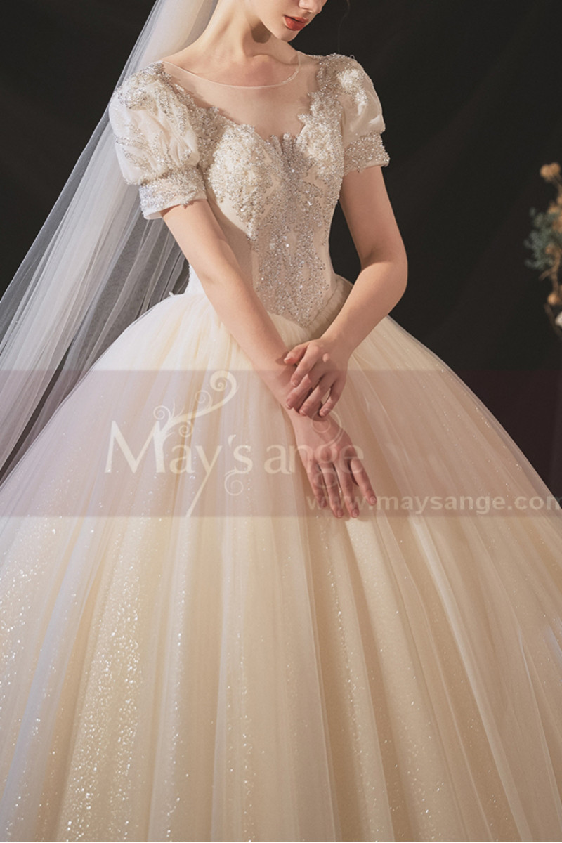 Tulle Ivory Short Sleeve Wedding Dress Second Empire Style - Ref M1250 - 01