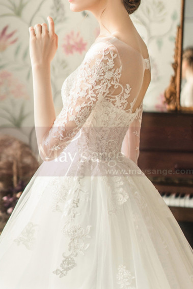 Elegant Long Sleeve White Illusion Neckline Wedding Dress - M1254 #1