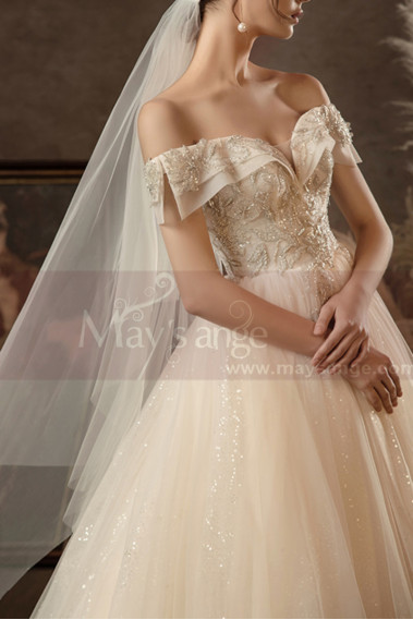 Floor Lenght Champagne Color Wedding Dress Sparkling Bodice - M1259 #1