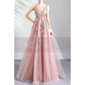 V neck embroidered pink tulle floor length bridesmaid dress - Ref L2021 - 02