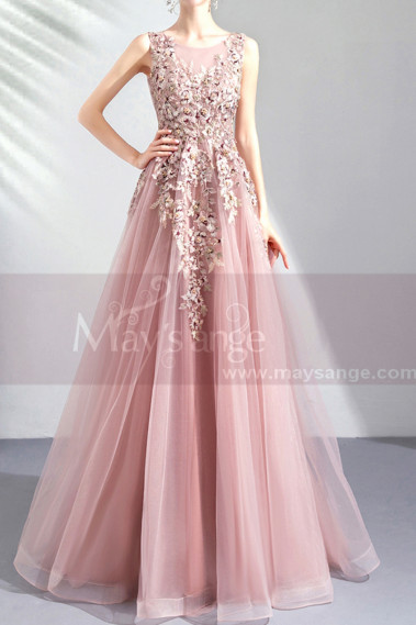 V neck embroidered pink tulle floor length bridesmaid dress - L2021 #1