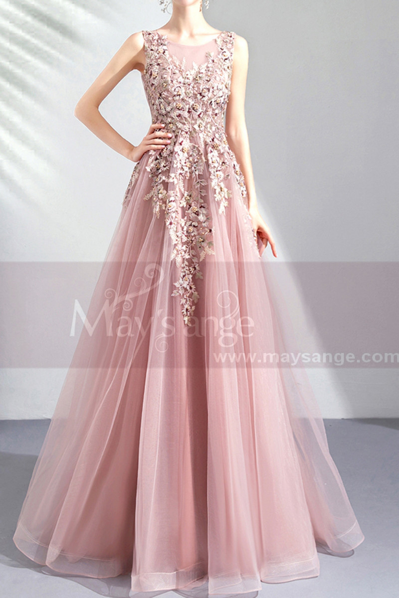 V neck embroidered pink tulle floor length bridesmaid dress - Ref L2021 - 01