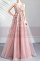 Robe Soirée Longue Pour Mariage Rose Sans Manches A Broderies - Ref L2021 - 02