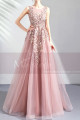 V neck embroidered pink tulle floor length bridesmaid dress - Ref L2021 - 02