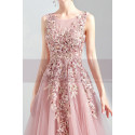 V neck embroidered pink tulle floor length bridesmaid dress - Ref L2021 - 03