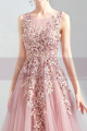 V neck embroidered pink tulle floor length bridesmaid dress - Ref L2021 - 03