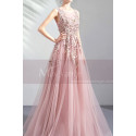 V neck embroidered pink tulle floor length bridesmaid dress - Ref L2021 - 04