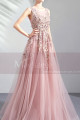 Robe Soirée Longue Pour Mariage Rose Sans Manches A Broderies - Ref L2021 - 04