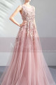V neck embroidered pink tulle floor length bridesmaid dress - Ref L2021 - 04