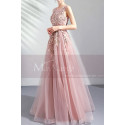 V neck embroidered pink tulle floor length bridesmaid dress - Ref L2021 - 05