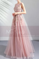 V neck embroidered pink tulle floor length bridesmaid dress - Ref L2021 - 05