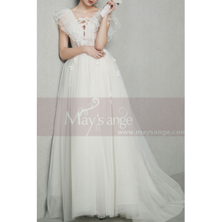 White Vintage Boho Wedding Dress With Ruffle Tied V neckline