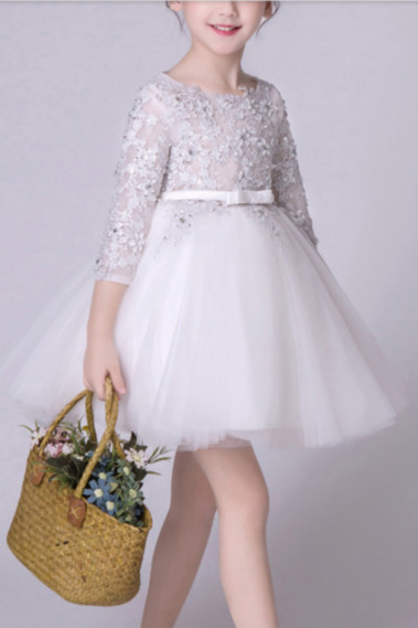 Robe princesse petite fille rose en tulle douce manches longues brodées -  Ref TQ016 - Robe Communion et Mariage fille