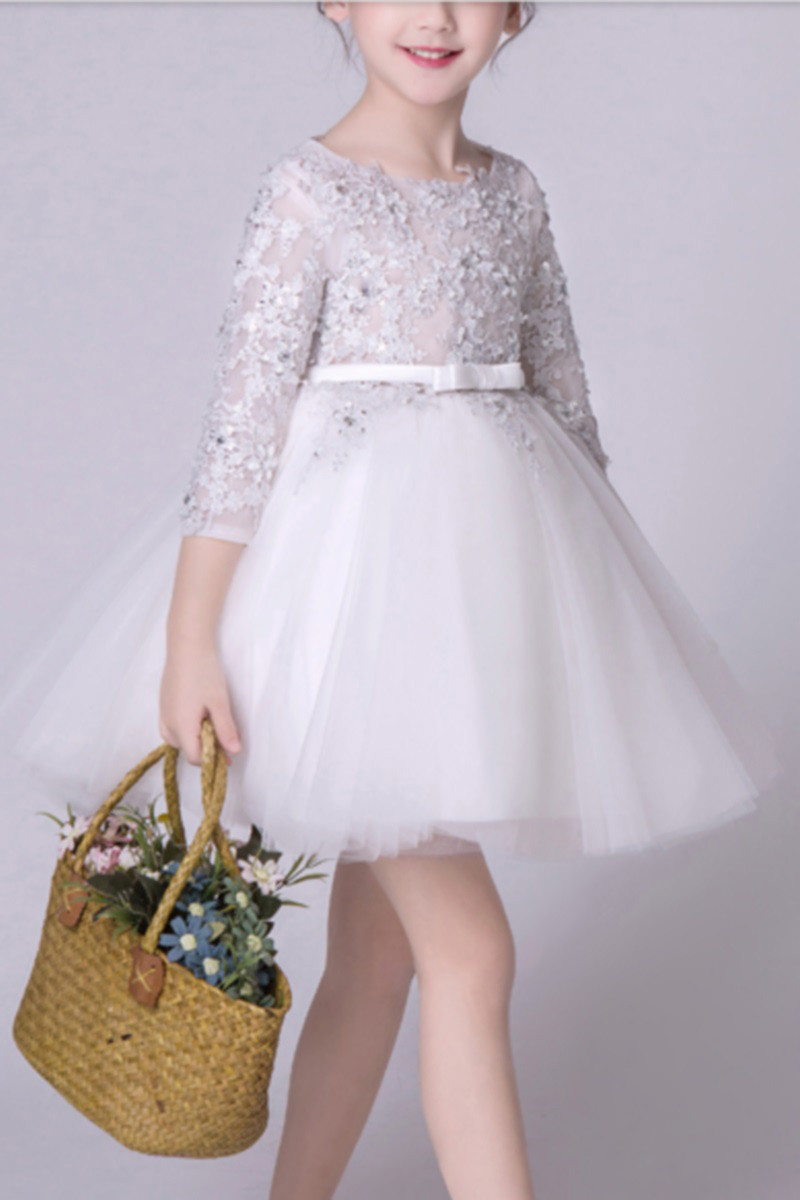 Long Sleeve Tulle Childrens Party Dress With Belt - Ref TQ012 - 01