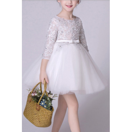 Long Sleeve Tulle Childrens Party Dress With Belt