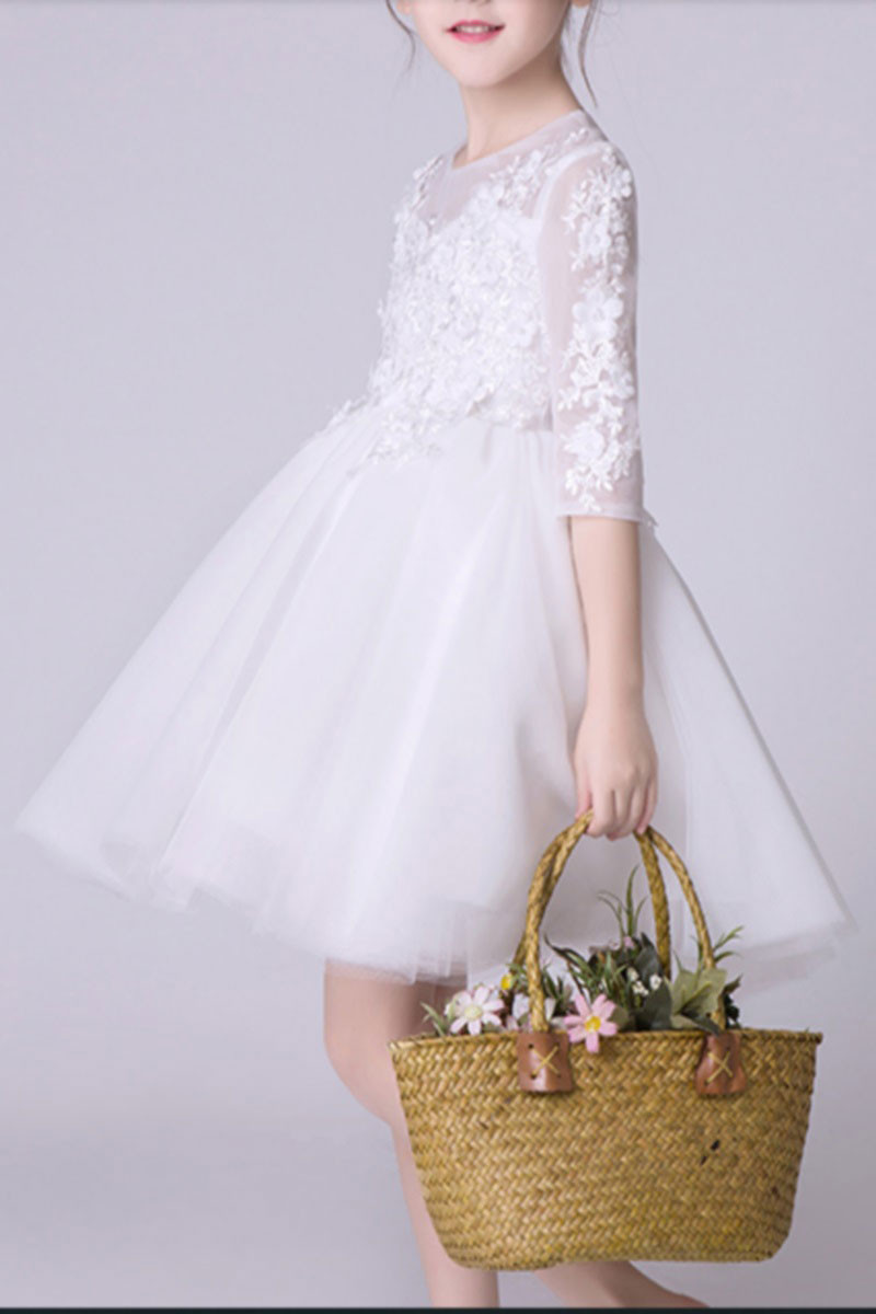 Illusion-Sleeve Embroidered Tulle Children White Dress - Ref TQ007 - 01