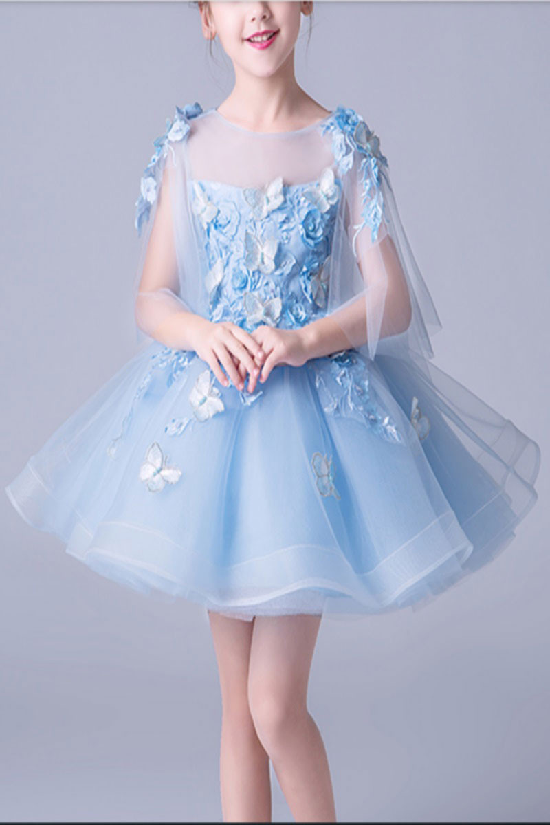 Girls Blue Party Dress With Cascading Flowers - Ref TQ009 - 01