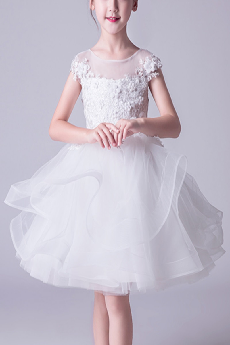 Robe Tulle Douce Blanche Fille Corsage Brodé - Ref TQ015 - 01