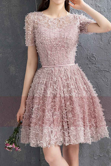 Pink Lace Party Dress With Short Sleeves - C882 #1